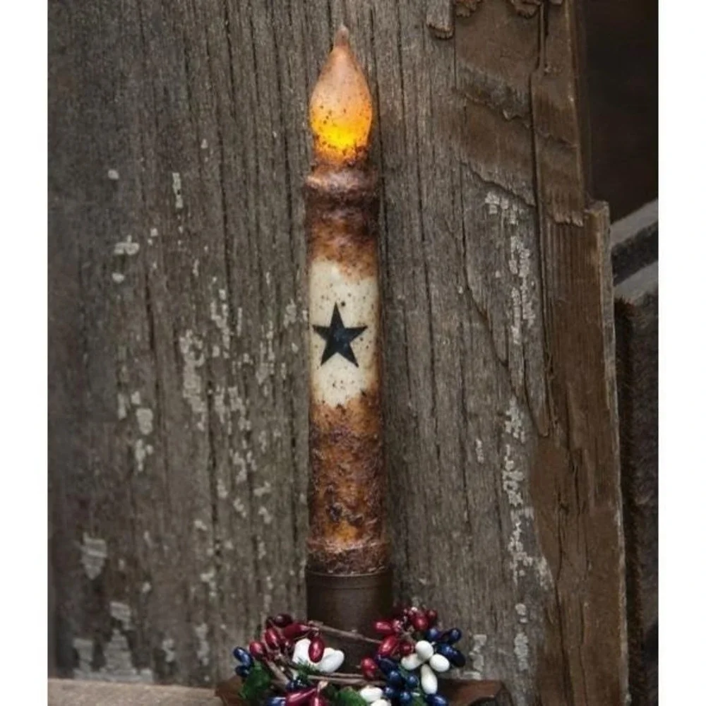 Primitive Burnt Mustard BLACK STAR Timer‎ Taper Candle 6